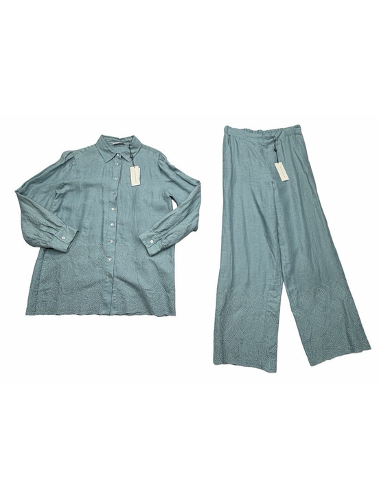 Elie Tahari Jackets & Blazers - Elie Tahari Lesley Shirt & Pant 2 Piece Set Embroidered Linen Blue Breeze Size M